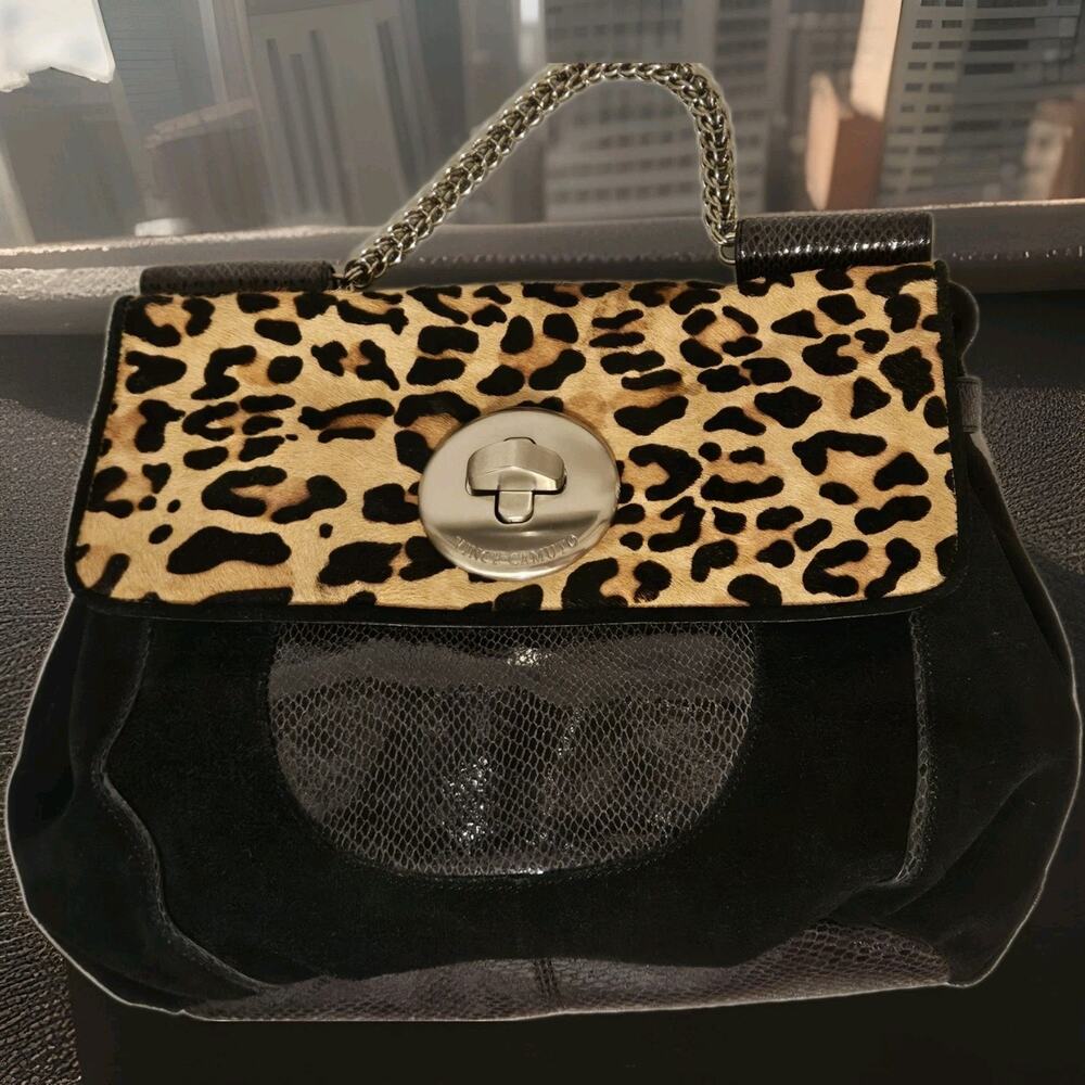 Vince Camuto Leather Animal Print Metal Handle Handbag 16x11x3 EUC - Picture 1 of 16